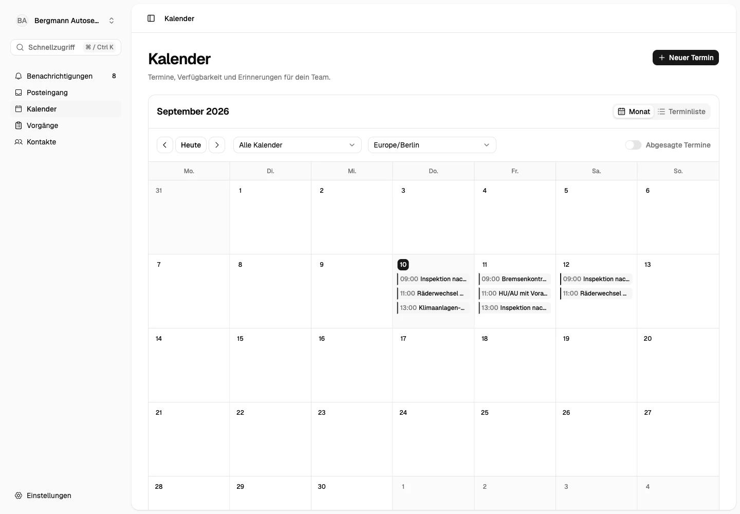 Innuvia Teamkalender mit geplanten Terminen und Beispieldaten
